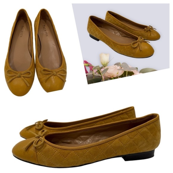 Talbots Quilted Ballet Flats 7.5M Women’s Yellow Masterd Suede Front Bow Flawed - Picture 1 of 11